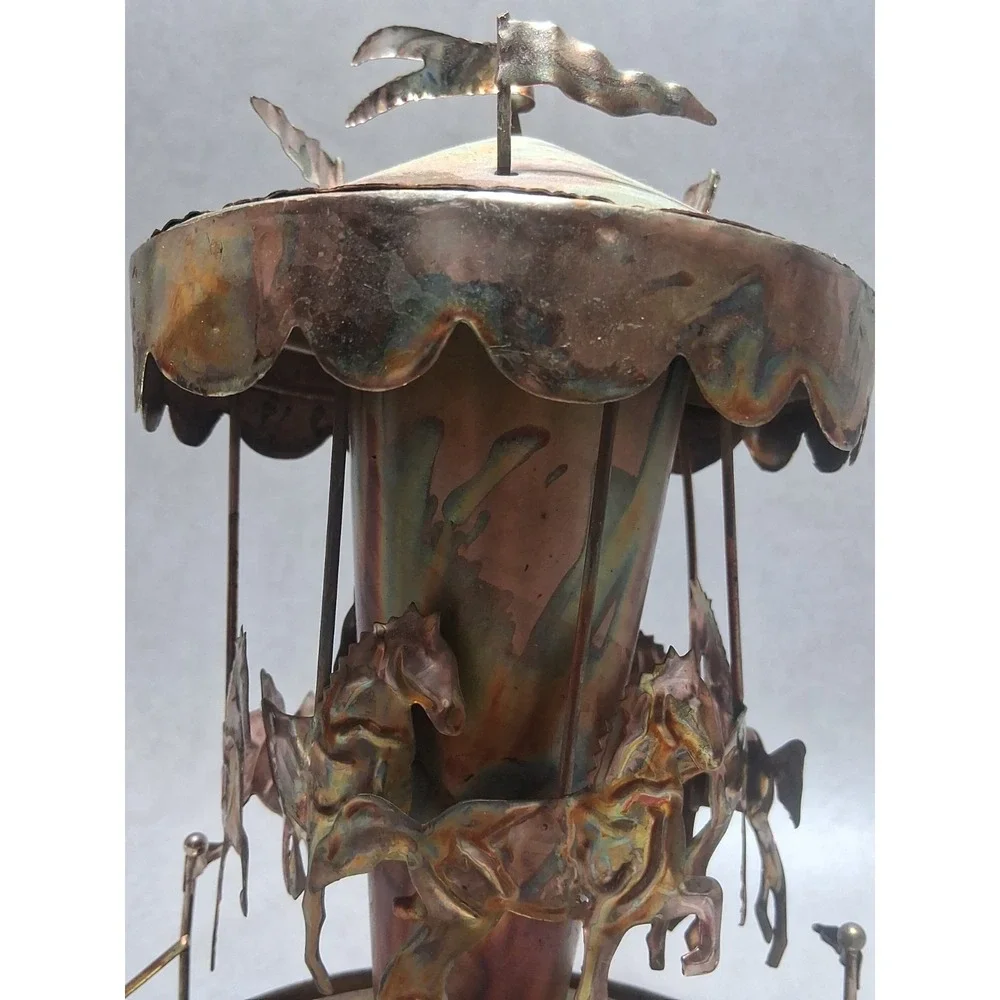 VTG Tin Copper Rotating Carousel Music Box Works 60's Brutalist Merry Go Round